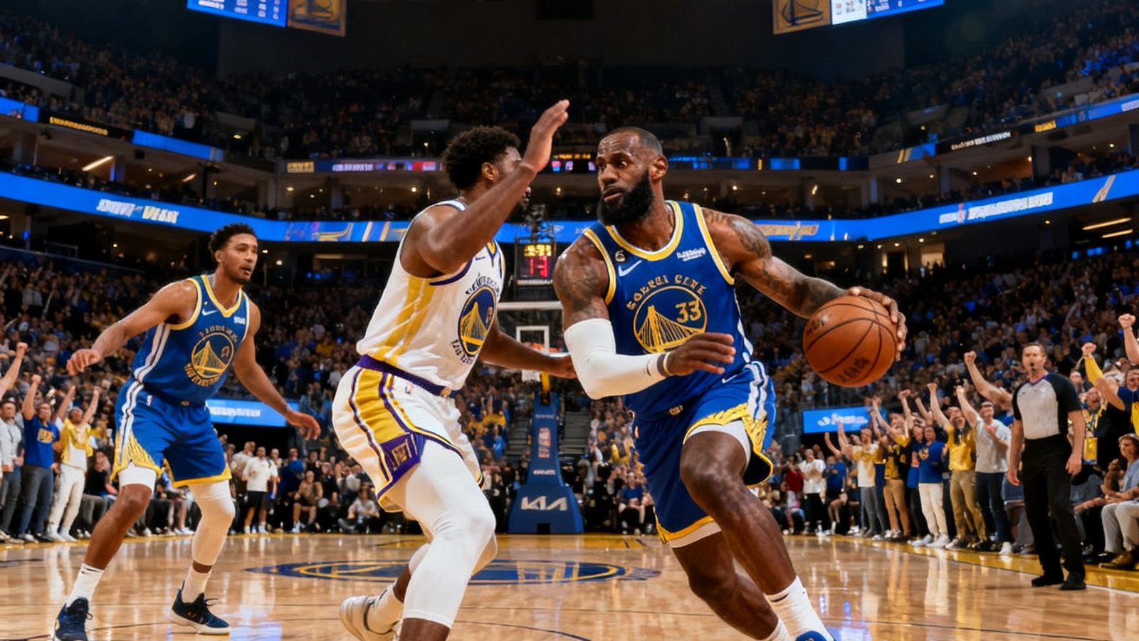 洛杉矶湖人队与金州勇士队的NBA常规赛直播画面，球馆内灯光璀璨，詹姆斯正在持球突破防守球员